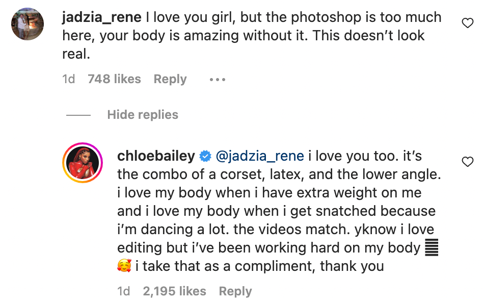 Chloe Bailey denies that latest Instagram post was photoshopped 