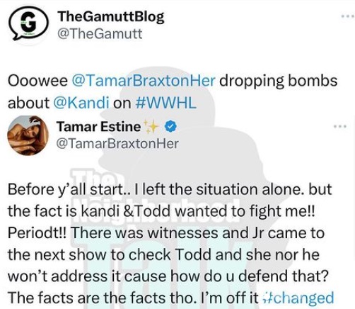 Tamar Braxton said Kandi and Todd wanted to fight her