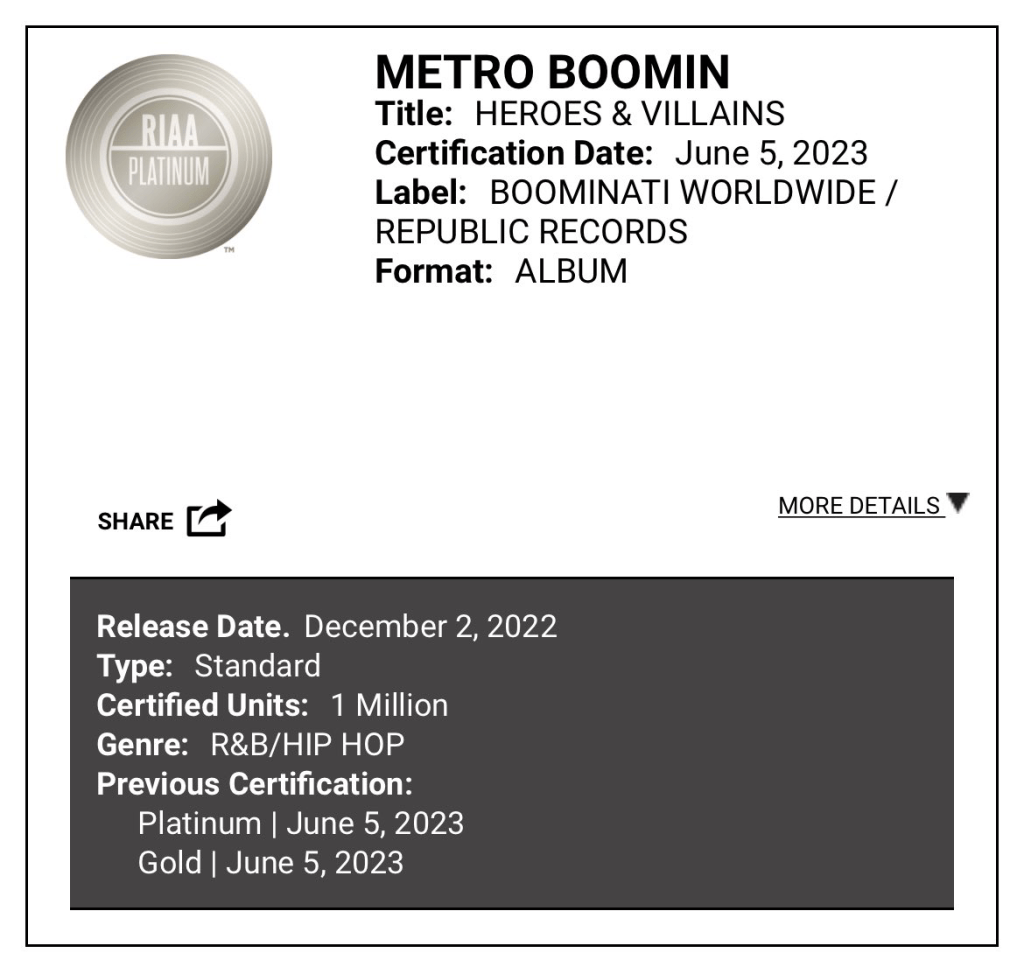 Metro Boomin's "Heroes & Villains" goes platinum 