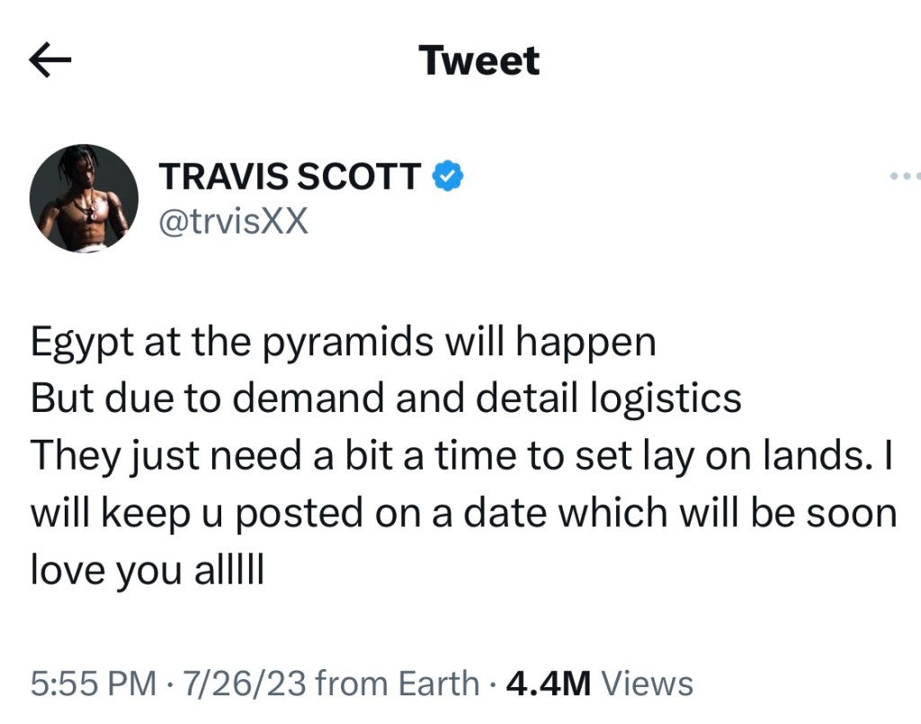 Travis Scott to reschedule canceled “Utopia” concert in Egypt 