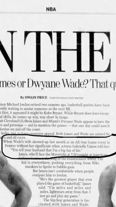 Newspaper article, from 2005, about Gabrielle Union telling Dwyane Wade's then-wife, Siohvaughn Funches, to tell her husband he is her favorite player. Three years later, Wade and Funches split, and he began dating Union, marrying her in 2014.