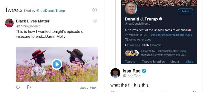 Issa Rae had questions for Donald Trump, the embattled president of the United States. Randomly, Trump liked a tweet, on Twitter, which was an "Insecure" promo video. After seeing this, Issa Rae questioned "what the f*ck is this."