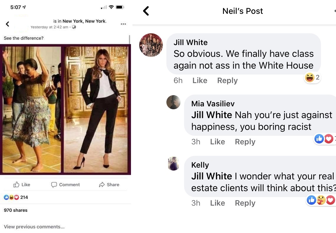 Jill White is a well-known realtor, in the Fort Walton Beach, Florida area. Recently, a man posted a meme on Facebook, with one image being Michelle Obama dancing, with Melania Trump in an image beside her, posing, and the man asked "what's difference?." The realtor, Jill White said the difference is that "class not ass is in the White House again."