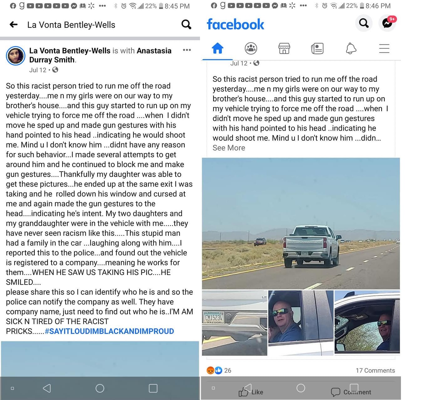 La Vonda Bentley-Wells was driving to her brother's house, when she encountered the man driving this white truck. The man began trying to run Bentley-Wells off the road, as she was driving with her two daughters, and granddaughter. As the man was going around her, Bentley-Wells shared to Facebook that he gave the gun symbol with his finger and aimed it at his head, threatening her. While he did this, the man's family was in the truck, laughing.