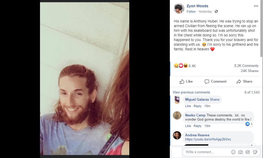 Zyon Woods shared a photo of one of the people who was murdered, during the Kenosha protests, this week. The man, who happened to be white, was Anthony Huber. Huber gave his life, trying to protect protesters from the shooters, on the scene, riding up on his skateboard, trying to stop the shooters, but he ended up shot in the chest, dying from his injuries.