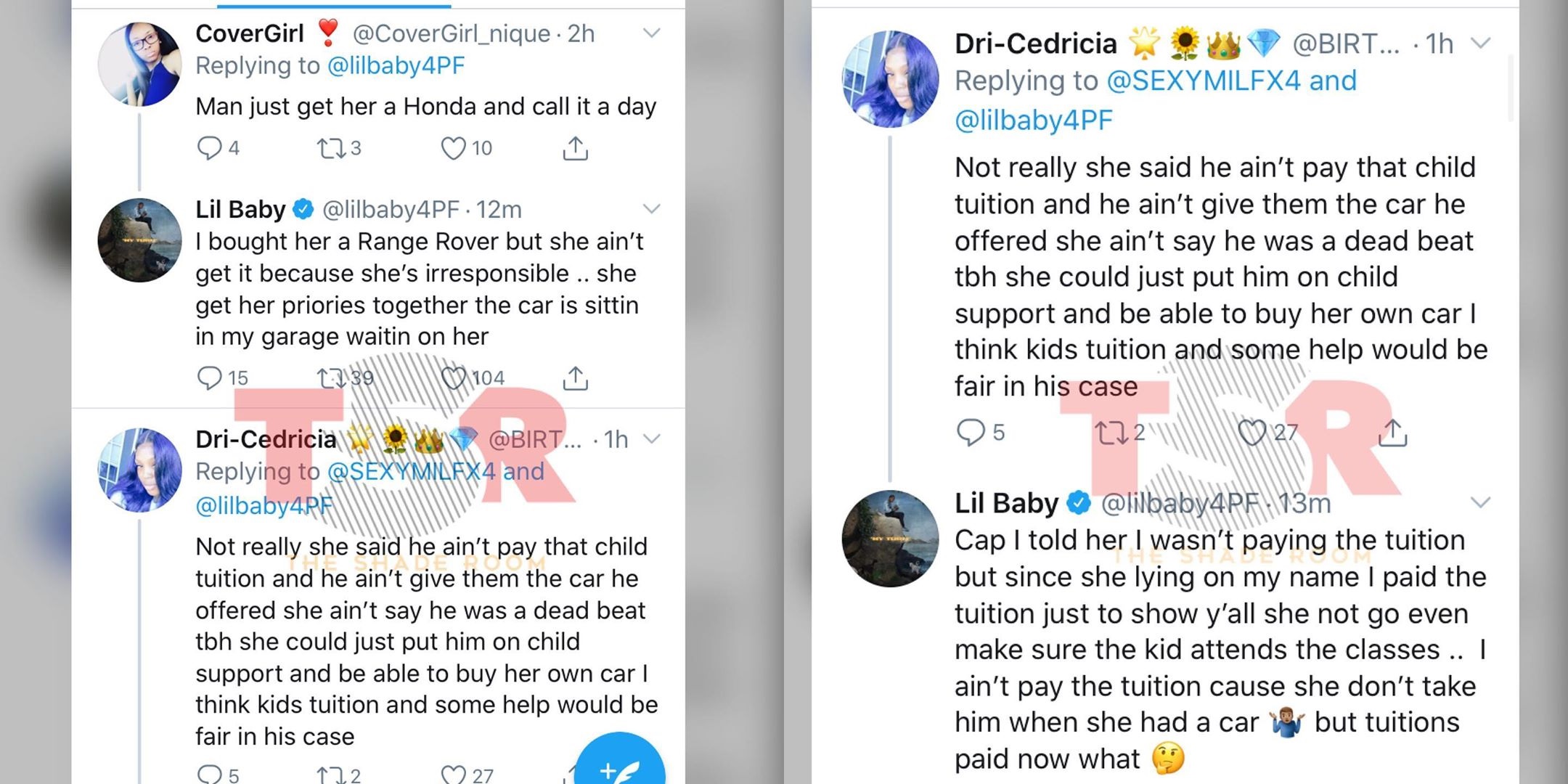 Lil Baby refutes Ayesha (@littlems.golden)'s claims that he does nothing for their son, Jason. Without mentioning his other baby, or his mother, Baby spoke on what he's done for Ayesha and Jason. Lil Baby said he bought her a Range Rover, but she acted irresponsibly with it, and that he gave her money for Jason's tuition, but didn't make him attend classes, but made it clear he takes care of both of his children.