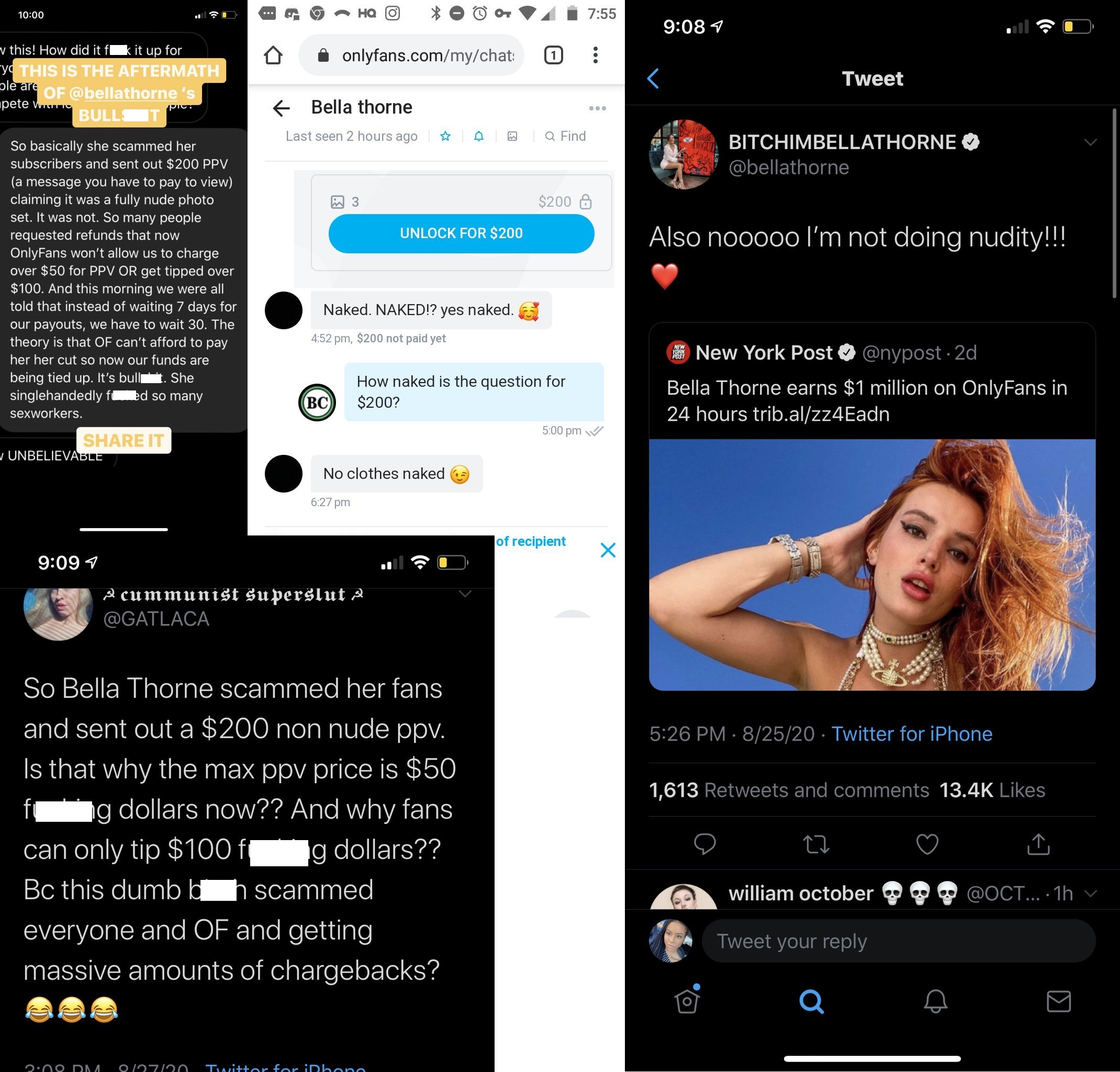 Bella Thorne recently joined OnlyFans and made $1 million, in just one day. Unfortunately, her charging $200, for a nude photo set, which was only partially nude, led to people demanding refunds. This has had a negative impact on many of the other OnlyFans creators, leading to them calling her out, on Twitter, as $50 has become the max amount creators can charge for photo sets, and $100 has become the maximum tip amount.
