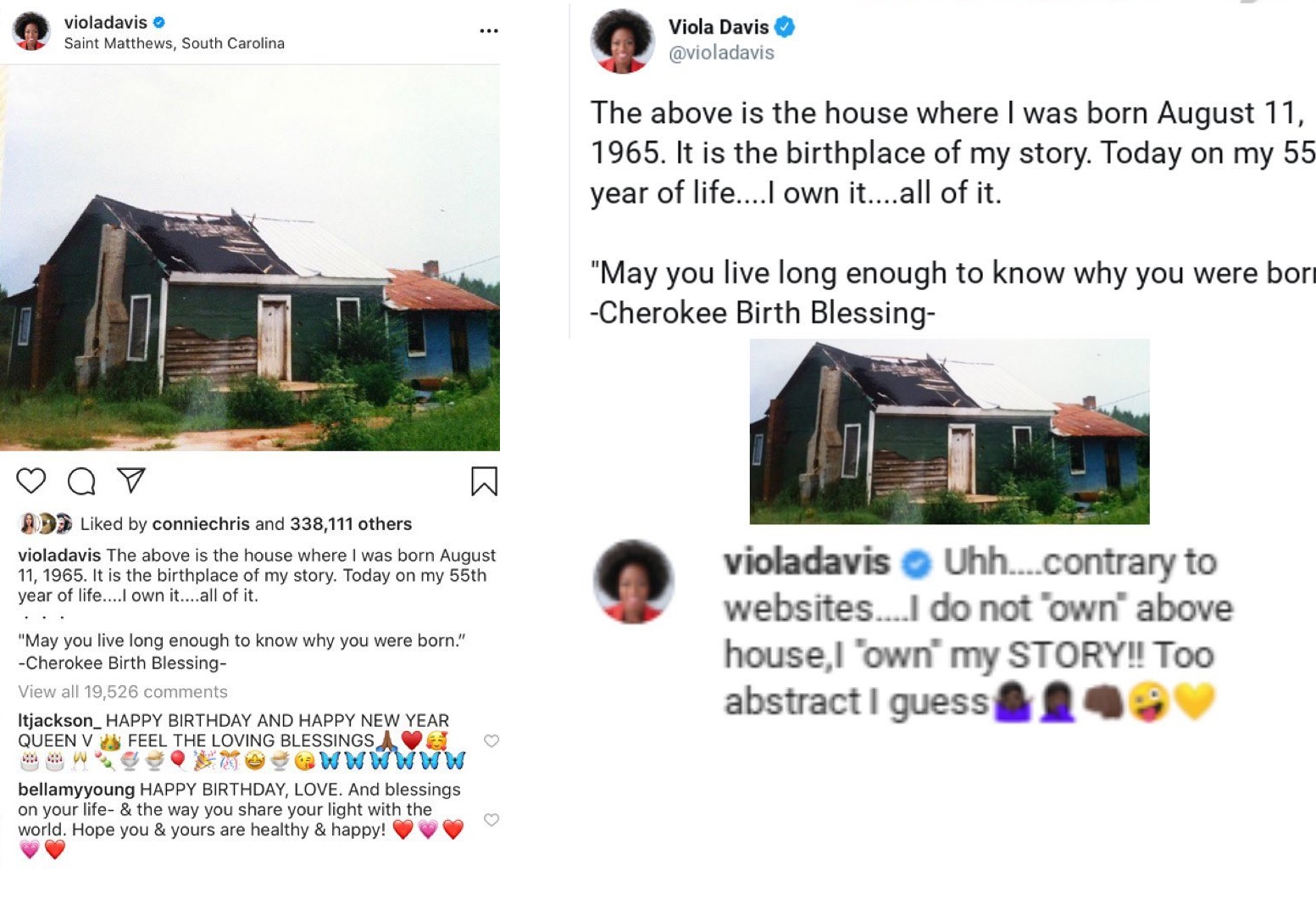 Viola Davis shared a photo of the plantation house, where she was born at, 55 years ago. Celebrating her birthday, this morning, Viola Davis said she "owns it all," which led people to believe she owns the whole plantation house, a reasonable assumption. However, Viola Davis would take to Twitter to speak out, saying she doesn't own the plantation house, but she instead owns her story "all of it," not the house.