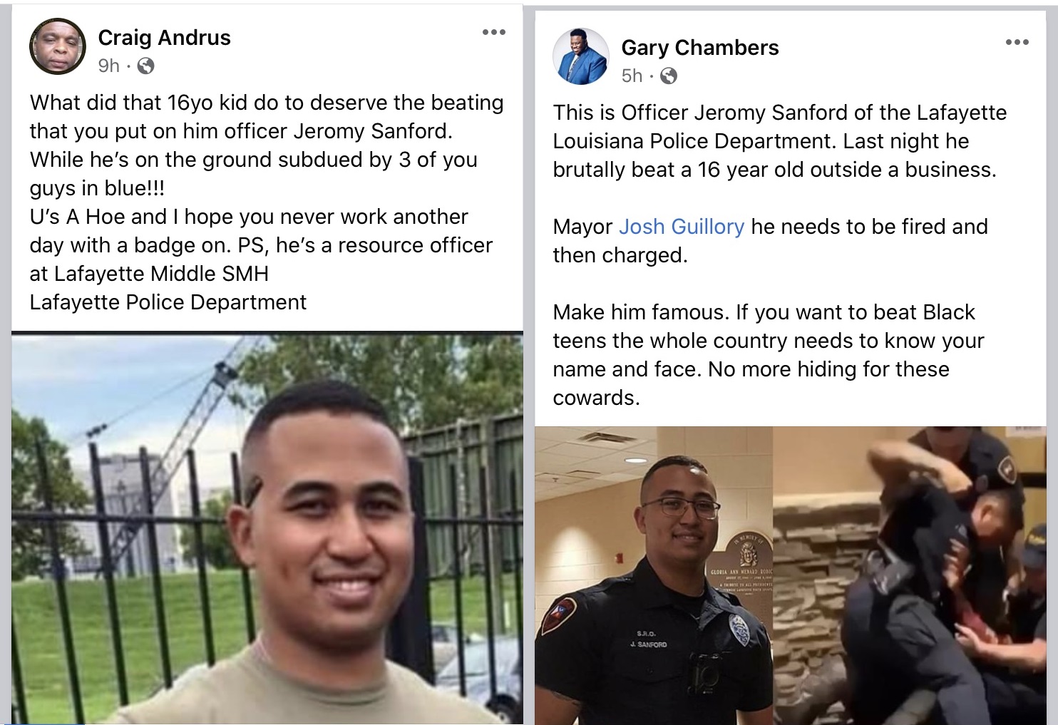 Jeromy Sanford has gone viral on Facebook, but not for good reasons. The Lafayette, Louisiana police officer was caught on camera beating a sixteen-year-old black teenager. On Facebook, people have identified him for beating the child, and calling on Lafayette's mayor to fire him, also exposing him as a school resource officer at Lafayette Middle School.
