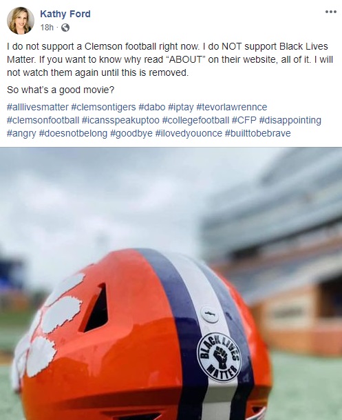 Kathy Ford has gone viral, on Facebook, with her recent post. The employee for Palladium Hospice and Pallative Care has withdrawn her support for Clemson University. She isn't supporting Clemson, because Clemson supports Black Lives Matter, and she made it clear she does not support Black Lives Matter, gaining her much backlash, on Facebook, with people calling her another "Karen," but different, because she's a "Kathy."