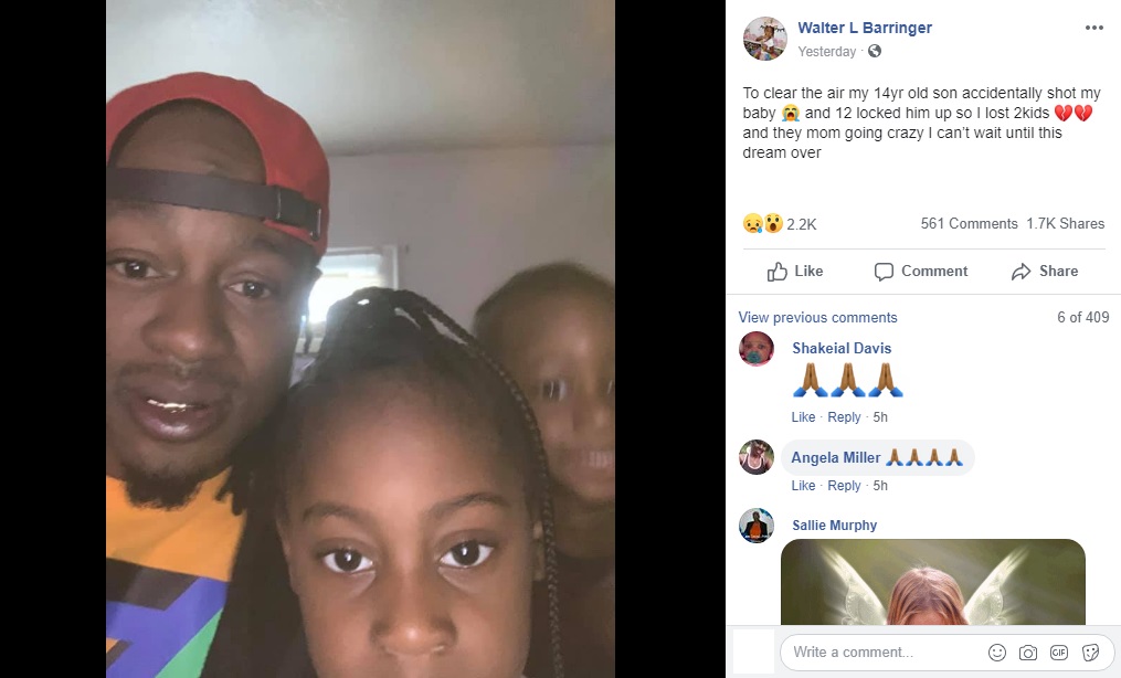 Walter L. Barringer is the father involved with the shooting, where the 14-year-old boy shot and killed the 5-year-old girl. In a very saddening Facebook post, Barringer revealed the 14-year-old was his son and the 5-year-old was his daughter. With his daughter dead and his son arrested for her murder, Barringer said he has now lost two children.