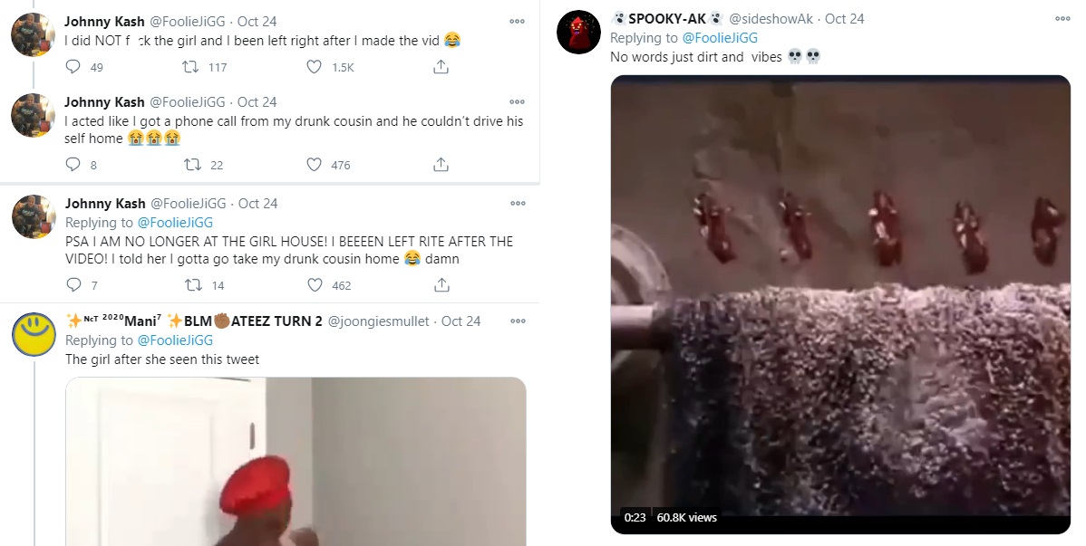 Johnny Kash, aka @FoolieJiGG, on Twitter, shared the aftermath of his date night. The woman in his company invited him back to her house, where he encountered roaches, filming and sharing the video to Twitter. There, people criticized him, telling him he probably still smashed her, which he denied, saying he left as soon as he saw the roaches.
