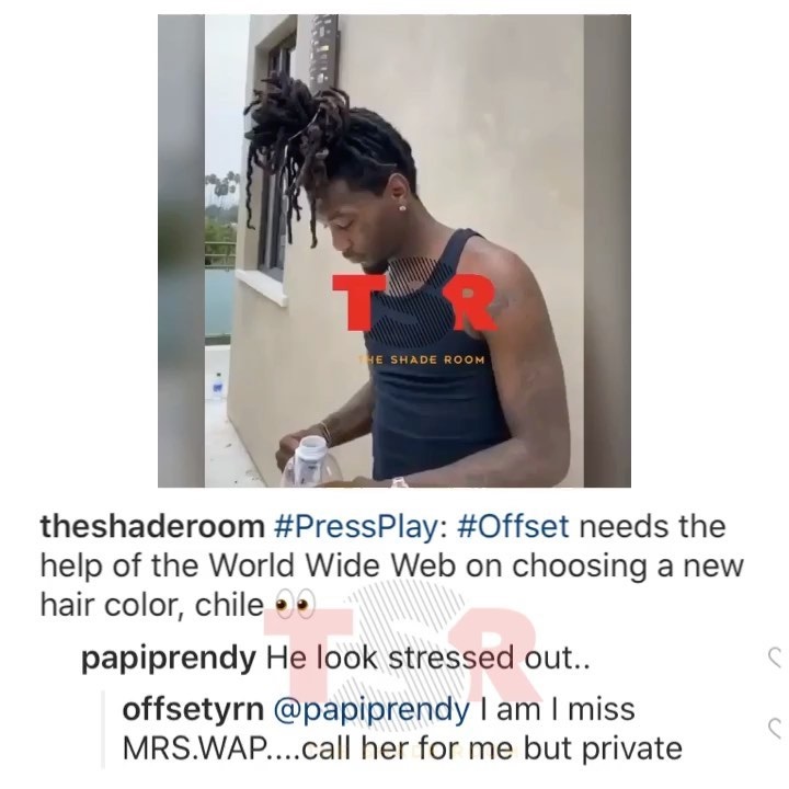 This afternoon, The Shade Room shared a video of Offset asking the internet to help him choose a hair color. Looking for a laugh, one fan, @papirendy, joked that Offset looked stressed out. Getting more than what they bargained for, @papirendy soon got a reply from Offset, who said he actually is stressed out, he misses "WAP" (Cardi B), and asked if they would call her for him.