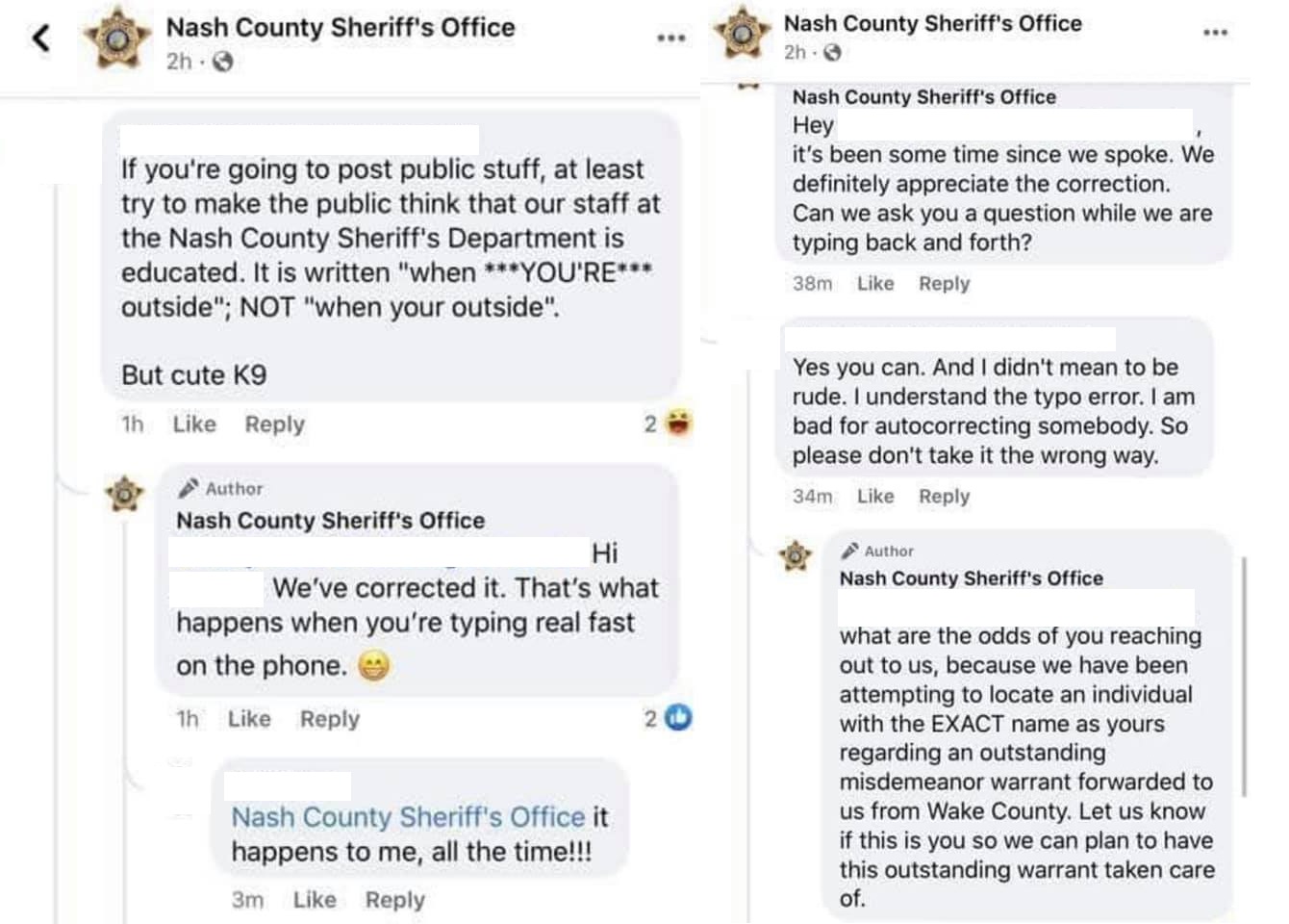 Nash County Sheriff's Office Facebook woman outstanding warrant