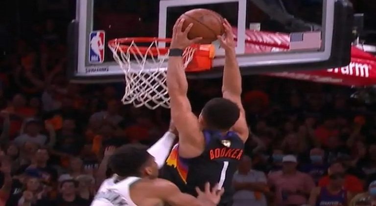 Devin Booker dunks on Giannis during Game 5 of 2021 NBA Finals
