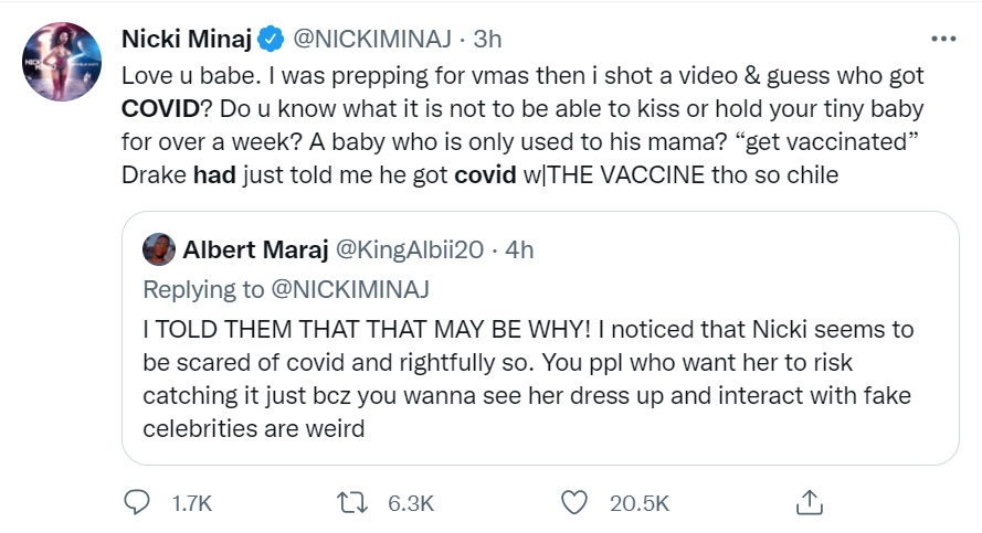 Nicki Minaj reveals she contracted COVID and claims Drake did too