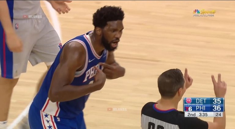 Joel Embiid reacts after ref gives him a tech for hyping himself up