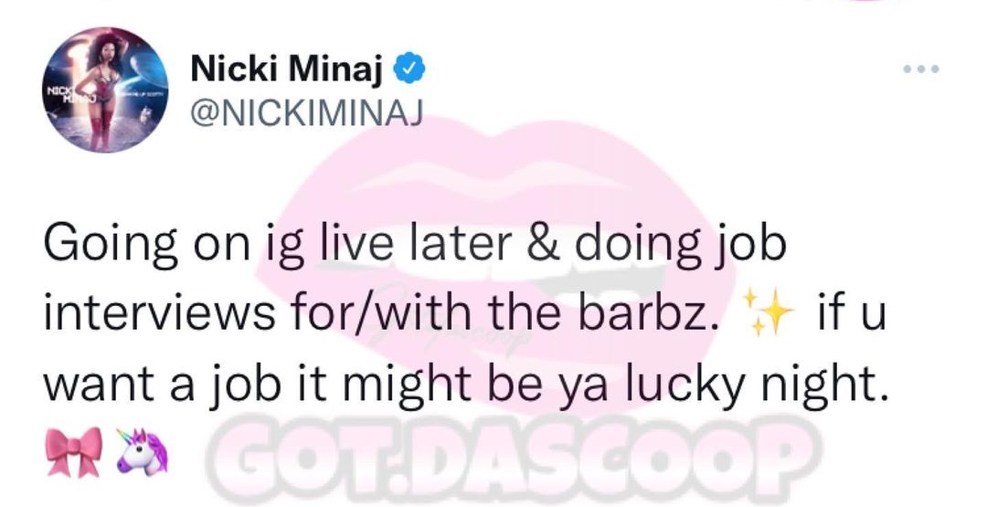 Nicki Minaj is going on IG Live doing job interviews for Barbz