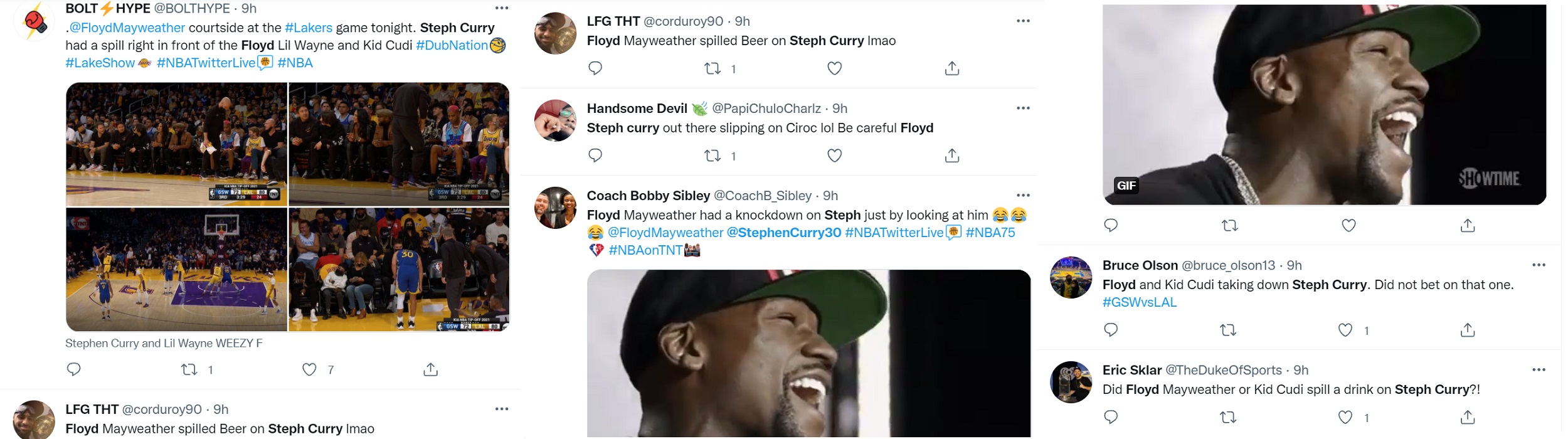 Steph Curry falls in front of Floyd Mayweather and Kid Cudi