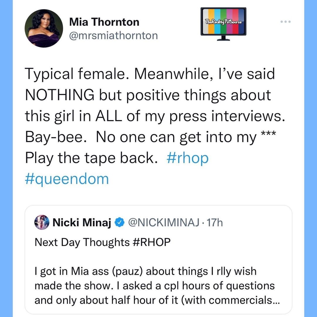 Mia Thornton blasts Nicki Minaj for saying she got in her ass on Twitter