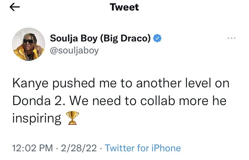 Soulja Boy says Kanye West pushed him to new level on Donda 2