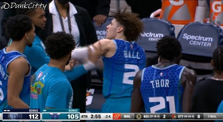 LaMelo Ball gets heated with his teammates at the end of the game