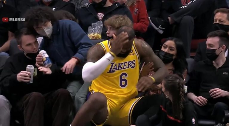 LeBron James got hit in the head and sat on a courtside fan