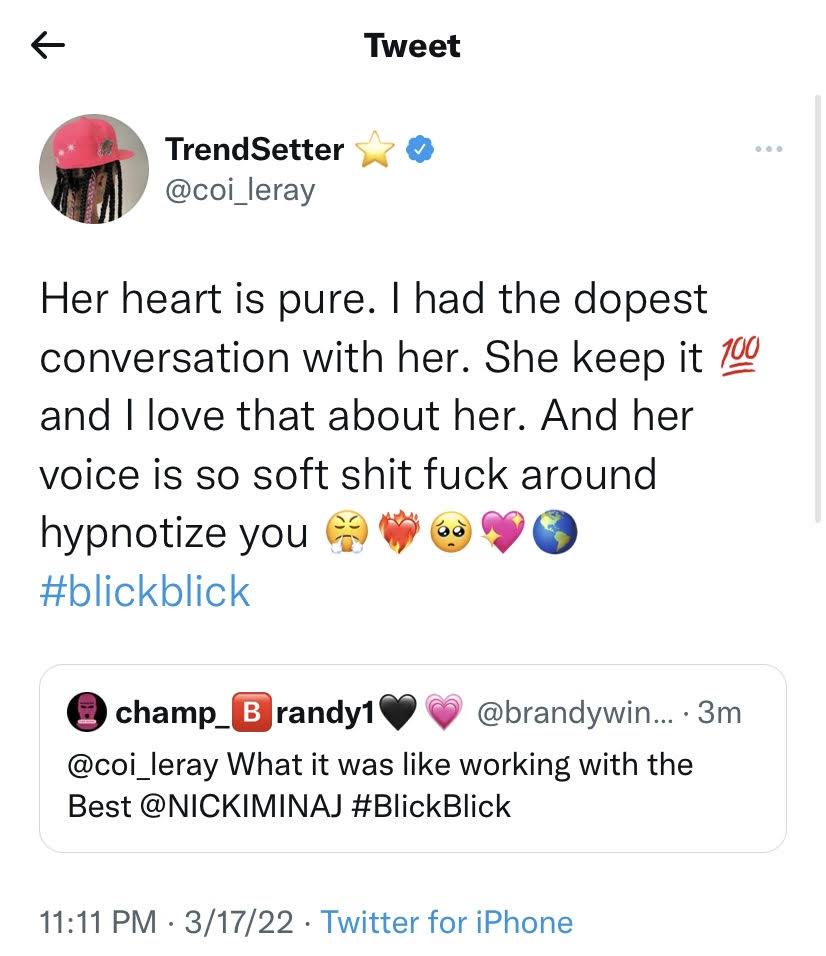 Coi Leray shows Nicki Minaj Love ahead of release of "Blick Blick" single