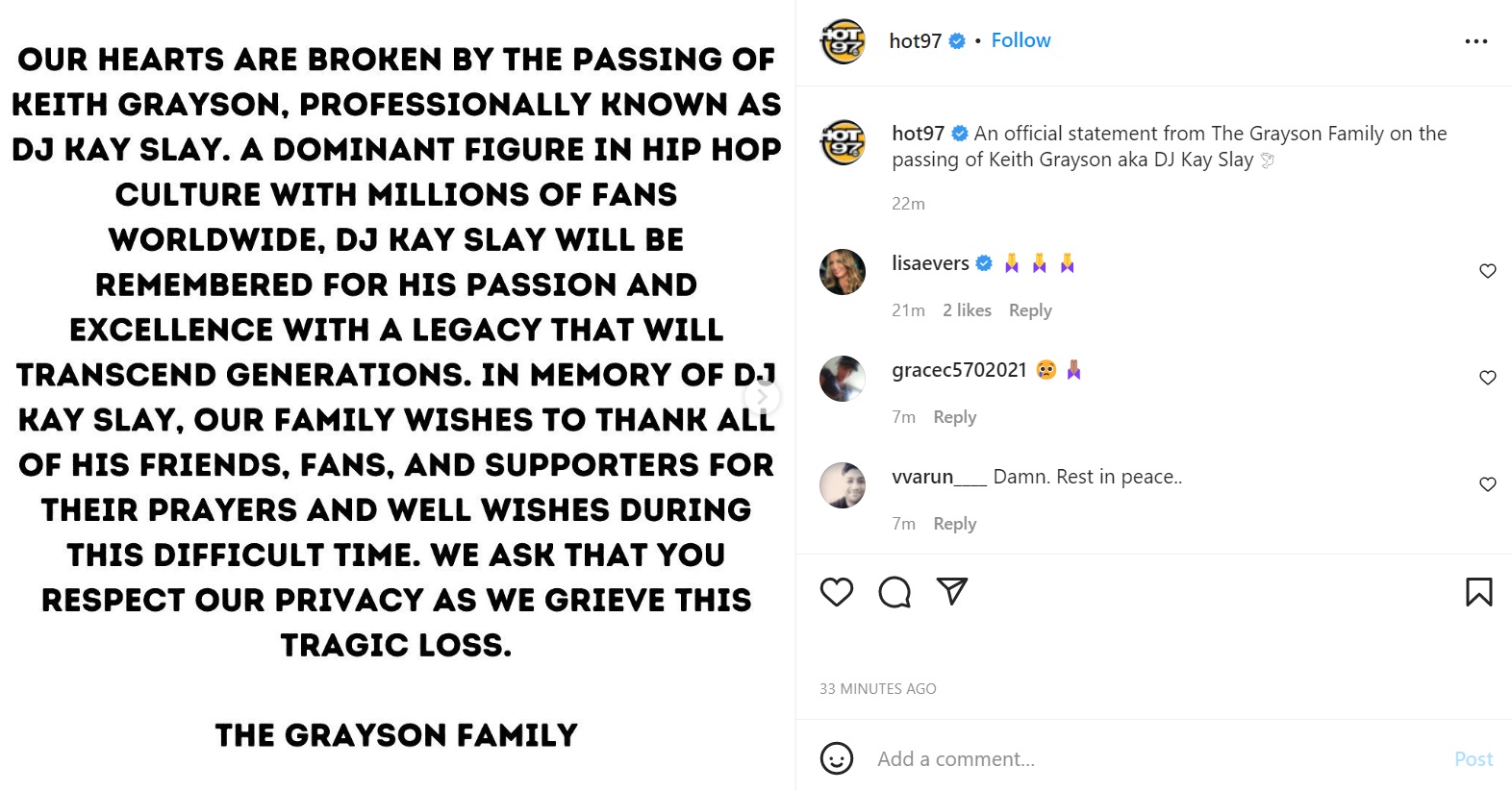 DJ Kay Slay's family releases statement on his death via Hot 97