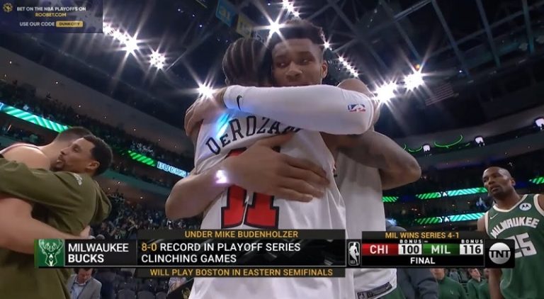 DeMar DeRozan and Giannis hug after Bucks eliminate Bulls from playoffs