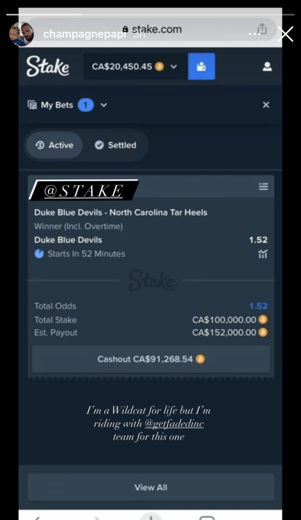 Drake loses $100,000 bet on Duke beating North Carolina