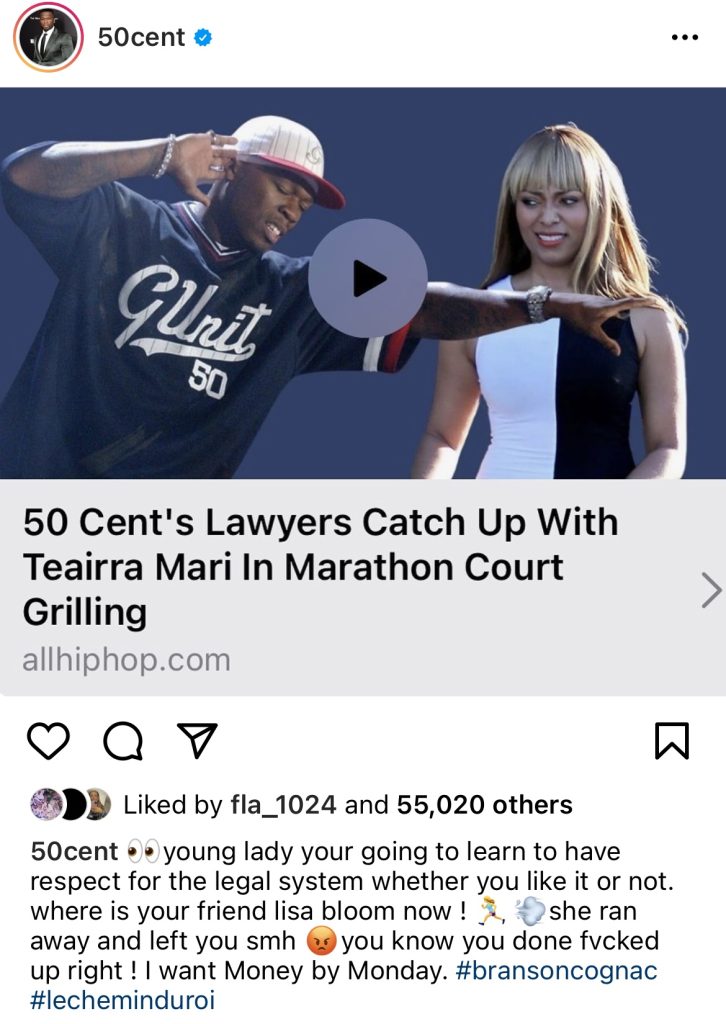 50 Cent says he wants his $50,000 him from Teairra Mari by May 2