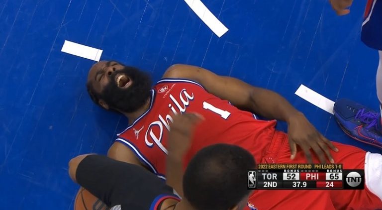 James Harden collides into Joel Embiid and hurts his neck and head