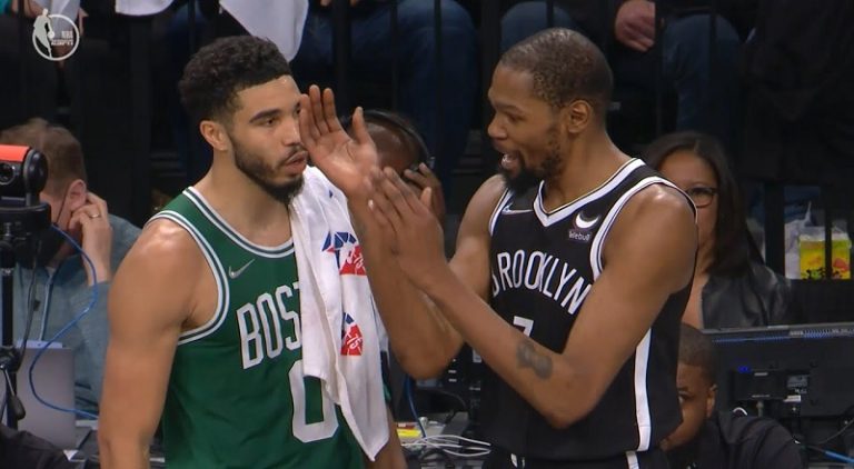 Kevin Durant and Jayson Tatum talk about foul call