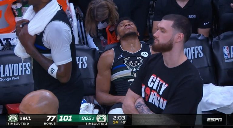 Giannis Antetokounmpo exhausted on the bench with Bucks down 24