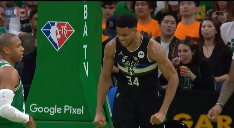 Giannis gives mean mug while scoring on Grant Williams