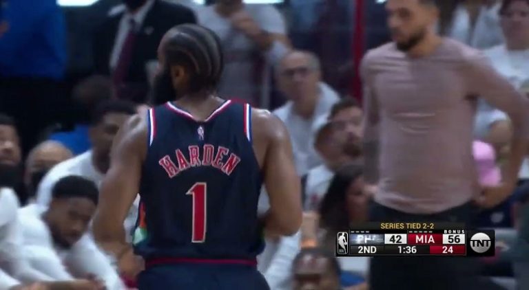 James Harden hits step back three over Jimmy Butler and Max Strus