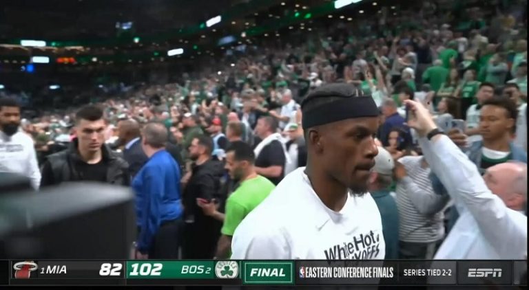 Jimmy Butler gets mad as Celtics fans chant Celtics in 6