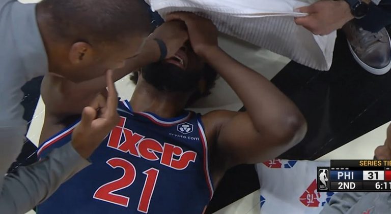 Joel Embiid cries after getting hit in the face in Game 5