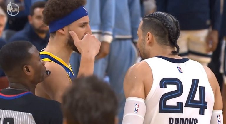 Klay Thompson confronts Dillon Brooks for shoving Steph Curry