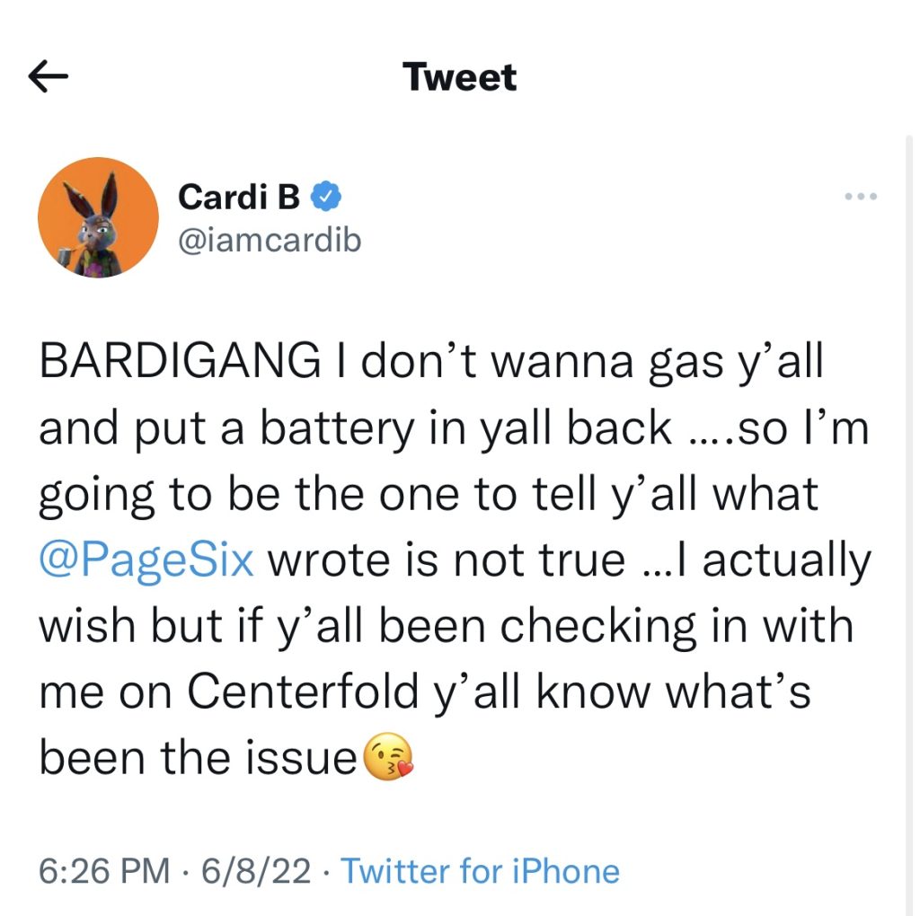 Cardi B denies report of new single coming next week 