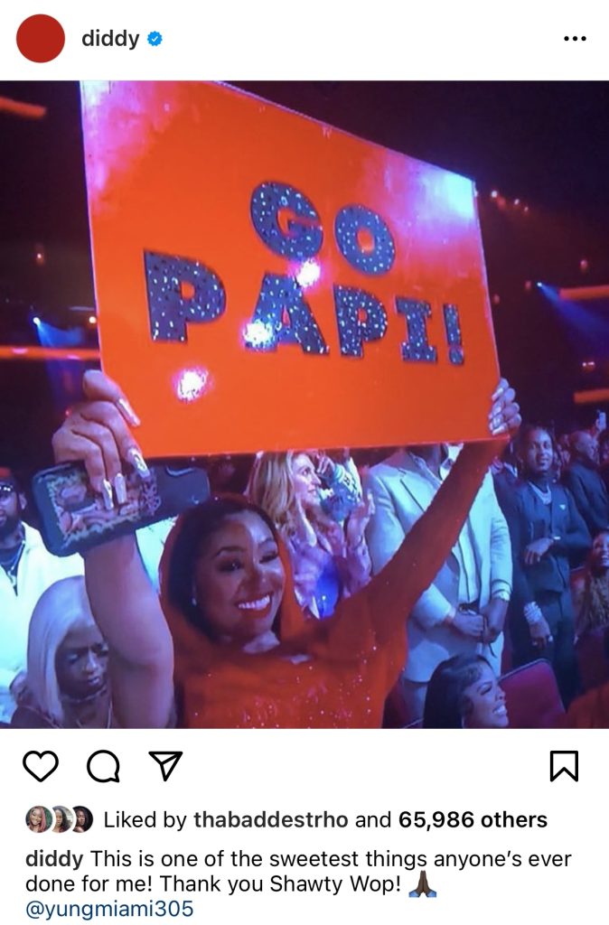 Diddy thanks Yung Miami for "Go Papi" sign shown at BET Awards