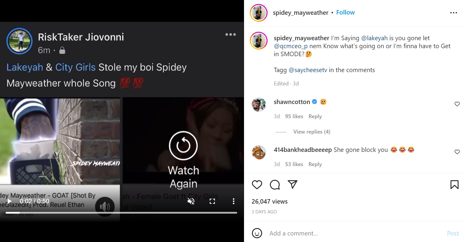 Spidey Mayweather exposes Lakeyah for stealing his song Goat