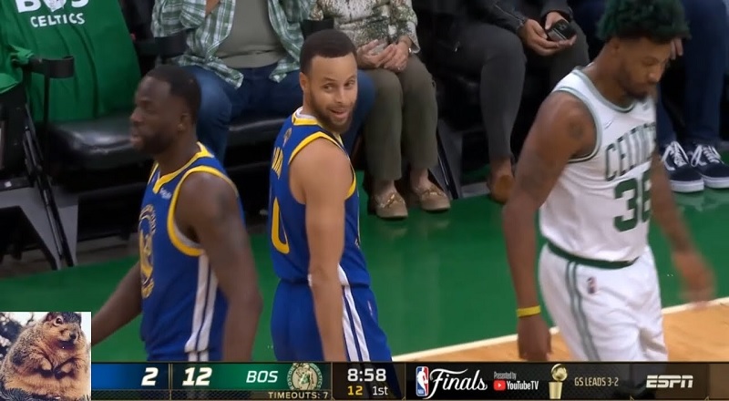 Stephen Curry laughs at Marcus Smart's obvious flop against him