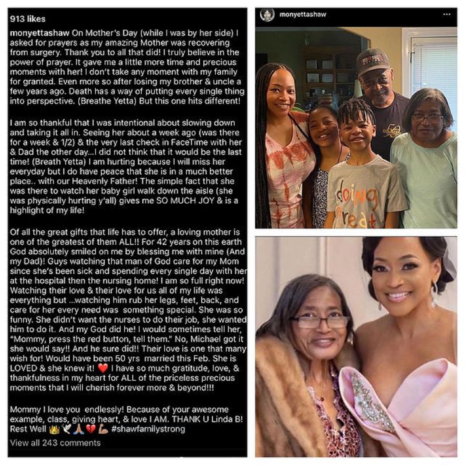 Monyetta Shaw reveals her mother died via an Instagram post