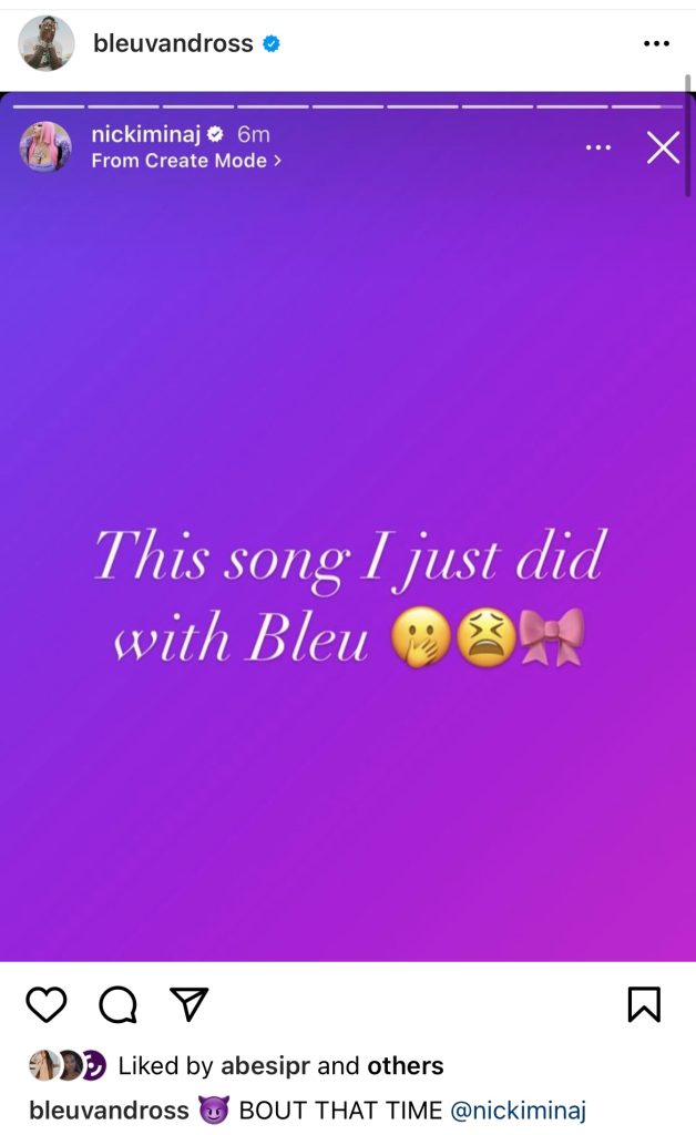 Nicki Minaj says she has collaboration with Yung Bleu 