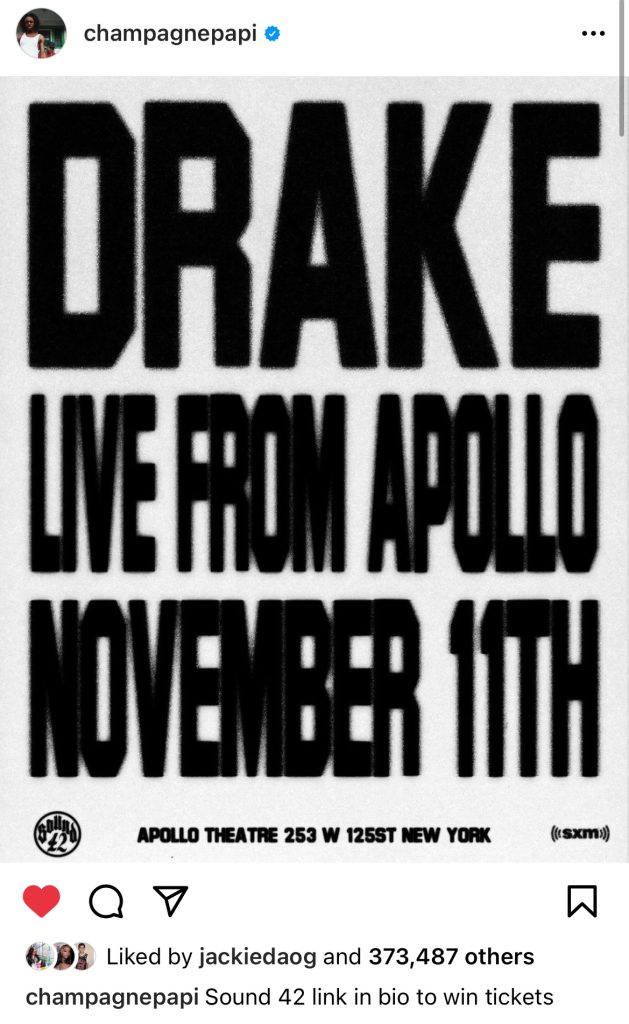 Drake announces upcoming concert at Apollo Theater