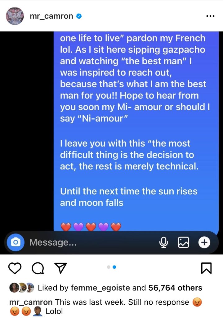 Cam'ron shoots his shot with Nia Long on Instagram