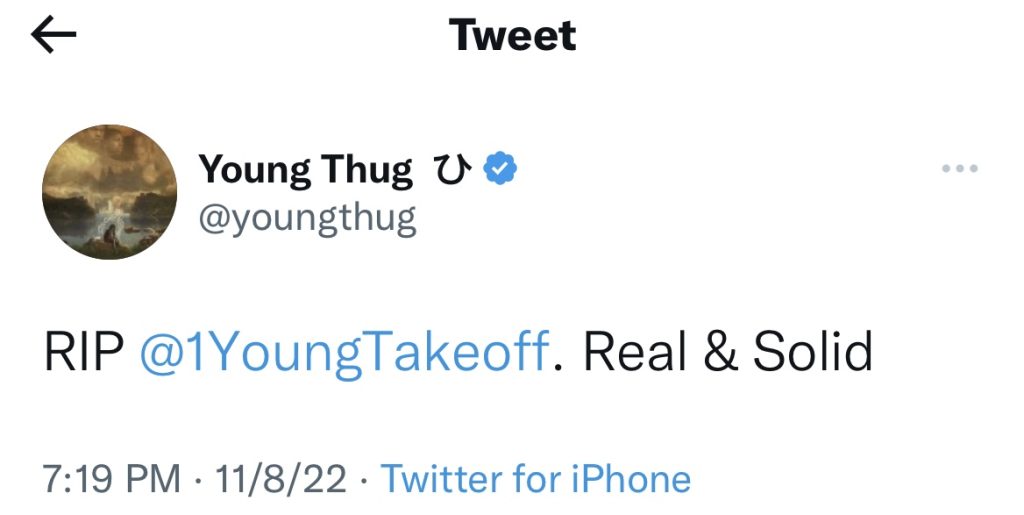 Young Thug pays tribute to Takeoff on Twitter