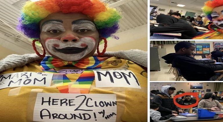 Mom goes to son's school dressed as a clown as punishment